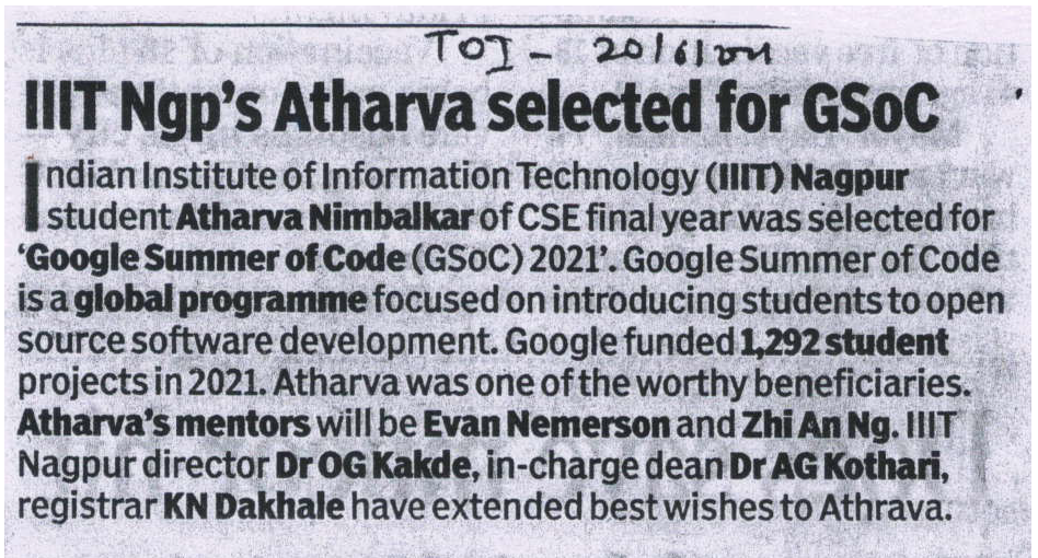 IIIT Nagpur students Atharva Nimbalkar from CSE final year selected for Google Summer of Code (GSoC) 2021